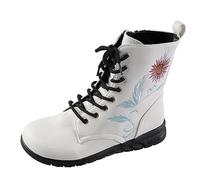 Bottes à lacets rétro en cuir pour femme - Couleur pure - Imprimé tournesol - Chaussures de marche - Chaussures de loisirs avec fermeture éclair latérale - Antidérapantes - Chaussures de skateboard