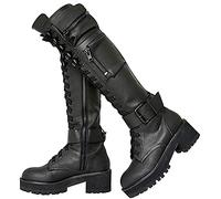 Bottes à plateforme à talon bloc avec boucle pour femmes - Bottes à lacets à talon bloc de moto mi-hautes avec poche cachée - Bottes militaires (Noir, 40 EU)