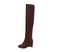 Bottes à talon haut élastique pour femme - Couleur unie - Flocage - Bout rond - En cuir, marron, 39.5 EU