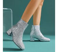 Bottes à talons épais à paillettes et strass - Tenue de soirée pour femme - Design à bout rond et fermeture éclair latérale - Style rétro brillant - Gala, danse, rendez-vous - Bottes de mode grande ta