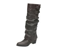 Bottes à Talons Le Genou Femme Sexy Talons Moyen Bout Carré hautes décontractées Bottines Motardes Cuir Chaussures A Talon Hautes Femme plateforme épaisse Moto Vintage Chaussures