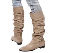 Bottes au-dessus du genou pour femme - Noir - Aspect daim - Talon plat - Bouchon rond - Aspect ample - Élastique - Confortable - Fermeture éclair - Automne - Hiver - Chaudes - Semelle antidérapante