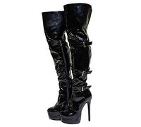 Bottes au-Dessus du Genou Souples en Cuir Verni Noir pour Femmes - pour Les soirées, Les Rendez-Vous Amoureux et Les Occasions de Gala,Noir,38 EU