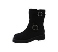 Bottes avec boucles pour femme - Bottes mi-mollets - Bout rond - Bottes à enfiler - Talon bloc bas - Bottes courtes pour femme - Bottes mi-mollet en daim - Bottines vintage à talons pour l'automne et