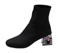 Bottes Basse au Genou Grande Taille Bout Carré Talon Épais Bottes Élastique à la Mode Tricoté Chaussures de Mode Femmes Bottes Hautes Velours, Noir , 40 EU