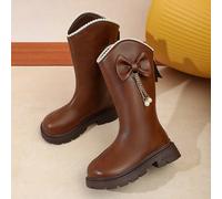 Bottes chocolat brun indispensables pour l'automne/hiver 2025 pour les filles de 3 à 10 ans, garniture de perles + pendentif nœud, cuir brillant brun foncé, semelle épaisse antidérapante, fermeture éc