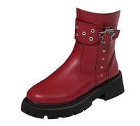 Bottes classiques pour femmes, bottes pratiques pour femmes, nouveau cuir décontracté confortable, fermeture éclair latérale, boucle à bout rond, semelle épaisse, bottes fines mi-mollet, rouge, 40 EU