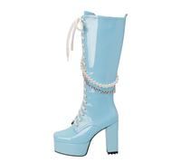 Bottes couleur cuir brillant avec bout carré et plateau épais avec talon de couleur unie bottes hautes avec chaîne de perles à lacets botte compatible avec moto 39, bleu, 42 EU