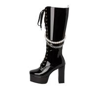 Bottes couleur cuir brillant avec bout carré et plateau épais avec talon de couleur unie bottes hautes avec chaîne de perles à lacets botte compatible avec moto 39, Noir , 40 EU