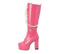 Bottes couleur cuir brillant avec bout carré et plateau épais avec talon de couleur unie bottes hautes avec chaîne de perles à lacets botte compatible avec moto 39, rose, 37 EU