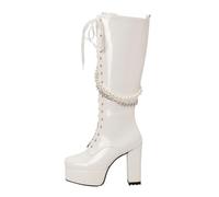 Bottes couleur cuir brillant avec bout carré et plateau épais avec talon de couleur unie bottes hautes avec chaîne de perles à lacets botte compatible avec moto 39, Blanc, 40 EU
