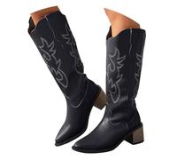 Bottes Cowboy Femme en Cuir, Bottes Cavalières Hautes à Talons Blocs Stylish, Bottes Western Vintage avec Broderies Délicates, Idéales pour le Casual et les Sorties, Chaussures Mode Automne-Hiver