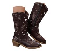 Bottes Cowboy Femme en Cuir, Bottes Western Mi-Hautes Femme avec Broderies Florales Stylées, Bottes de Ville Confortables à Talons Carrés, Idéales pour le Casual, les Sorties et les Événements