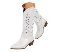 Bottes Cowboy Femme en Cuir, Bottes Western Mi-Hautes Femme avec Broderies Florales Stylées, Bottes de Ville Confortables à Talons Carrés, Idéales pour le Casual, les Sorties et les Événements