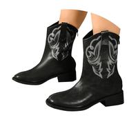 Bottes Cowboy Femme en Cuir, Bottes Western Mi-Hautes Femme avec Broderies Florales Stylées, Bottes de Ville Confortables à Talons Carrés, Idéales pour le Casual, les Sorties et les Événements