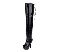 Bottes Cuissardes Femme Casual Talons Hauts, Cuissardes À Plateforme, Bottes Longues À Bout Rond pour Dames, Bretelles Arrière, Bottes pour Femmes en Cuir Verni (Color : Black, Size : 39 EU)