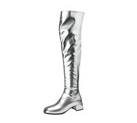 Bottes Cuissardes Métalliques Femme Talon Bloc Surface Brillante Fermeture Éclair Chaussures Mode pour Soirée Fête Festival Tenue Rue,Argent,38 EU