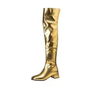 Bottes Cuissardes Métalliques Femme Talon Bloc Surface Brillante Fermeture Éclair Chaussures Mode pour Soirée Fête Festival Tenue Rue,d'or,42 EU