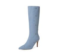 Bottes d'automne et d'hiver pour femme en tissu de cowboy à talon épais et boucle de ceinture à talon bas, bleu, 36 EU