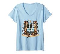 Bottes de Campagne Western Boots & Bling Cowgirl pour Femmes T-Shirt avec Col en V, Femme, Bleu Céleste, XXL