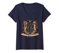 Bottes de Campagne Western Boots & Bling Cowgirl pour Femmes T-Shirt avec Col en V, Femme, Bleu Marine, L