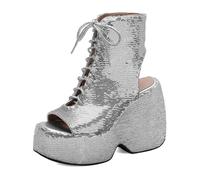 Bottes de Cheville à Plateforme à Paillettes Femme à Lacets Peep Toe Talons Compensés 12CM Talons Épais Chaussures Habillées pour Club et Soirée,Argent,41 EU