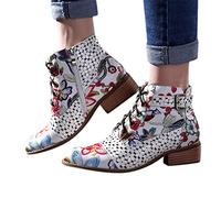 Bottes De Cheville Pour Femme Motif Floral Encre En Cuir De Vache Avec Lacets Confortables Pour Tenues Décontractées Sorties Urbaines Événements Culturels Loisirs Artistiques Et Activités Outdoor