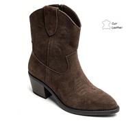 Bottes de cheville western en véritable daim avec bout pointu, surpiqûres décoratives et fermeture à glissière. Ajoutez un caractère intact à votre style avec des embouteillages western pour femme, va