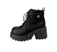 Bottes de combat à plateforme pour femme - Cuir noir - Lacets - Talon épais - Style gothique - Avec semelle crantée - Style britannique - Talon haut - Pour petites montures d'hiver, Noir , 37.5 EU