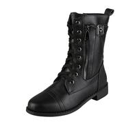 Bottes de combat pour femme - Bottes de motard militaires à talon haut, couleur unie, fermeture éclair latérale, bottines mi-mollet confortables en mousse à mémoire de forme avec lacets, Noir , 40.5
