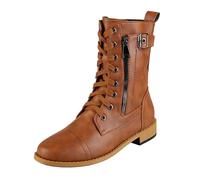 Bottes de combat pour femme - Bottes de motard militaires à talon haut, couleur unie, fermeture éclair latérale, bottines mi-mollet confortables en mousse à mémoire de forme avec lacets, marron, 37 EU