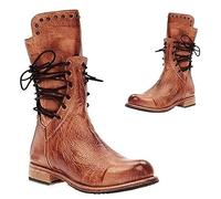 Bottes de Cosplay Médiévales Femmes PU Cuir Mi-Mollets Retro Punk Lacets Bas Talons Automne Hiver Moto Festival GN Chaussures Vintage Cowboy Western, Marron, 42