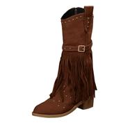 Bottes de cowboy à franges | Bottes hautes pour femme à talon bloc | Bottes western rétro | Bottes de cowgirl mi-larges | Bottines hippies à pompons | Bottines de déguisement | Bottines de cowboys