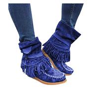 Bottes de cowboy à franges pour femmes, bottes de cowgirl bohème tendance pour femme, bottes de cowgirl occidentales rétro ethniques compensées larges mi-mollet en daim, bleu, 36.5 EU