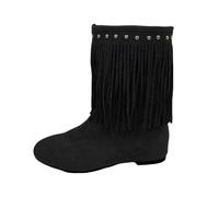 Bottes de cowboy à pompons pour femme - Couleur unie - Bout rond - Coupe large - En daim - Talon bas - Grande taille - Facile à enfiler - Bottes occidentales décontractées confortables et chaudes pour