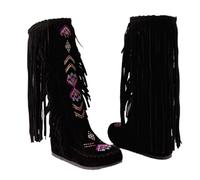 Bottes de Cowboy à Pompons pour Femmes, Bottes d'hiver Plates en Daim mi-Mollet, Style Ethnique rétro, à Enfiler, idéales pour Une soirée de Mariage ou de fête,Noir,45 EU