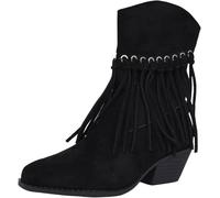 Bottes de cowboy à talon bas pour femme, bottes de cowboy occidentales à franges marron, bout pointu, fermeture éclair latérale, pompons, bottines de cowgirl en daim épais à talon bloc, Noir , 45 EU