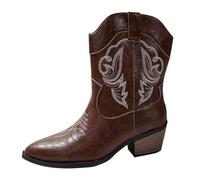 Bottes de cowboy courtes occidentales pour femmes, bottes d'équitation brodées cousues à talon bloc bout pointu bottine large mollet à enfiler bottes de campagne classiques chaussures de cowgirl