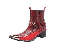 Bottes de cowboy décontractées pour homme en cuir véritable avec pointe en métal - Bottes de moto Chelsea tendance, Rouge, 39 2/3 EU