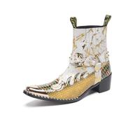 Bottes de cowboy décontractées pour homme en cuir véritable avec pointe en métal - Bottes de moto Chelsea tendance, blanc, 42.5 EU