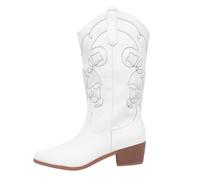 Bottes de cowboy en cuir pour femme - Bottines à talon - Bottes de motard à tige large - Bottes western avec broderies pointues - Bottines à enfiler - Bottes d'équitation classiques et vintage, Blanc
