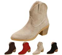 Bottes de cowboy en daim pour femme | Bottes de cowboy élégantes en forme de pointe, avec talon bloc, légères et confortables, unies, à tige courte