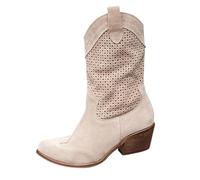 Bottes de cowboy en daim pour femme - Bottes western à talon bloc - Marron - Taille mi-mollet - Bout pointu - Avec fermeture éclair latérale - Légères, respirantes, élégantes et polyvalentes, beige