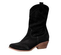 Bottes de cowboy en daim pour femme - Bottes western à talon bloc - Marron - Taille mi-mollet - Bout pointu - Avec fermeture éclair latérale - Légères, respirantes, élégantes et polyvalentes, Noir