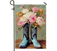Bottes de cowboy florales, drapeau de jardin, arrangement floral pêche et jaune, décoration extérieure, bannière de maison printemps-été, décoration de cour rustique, accessoire de jardin en toile de
