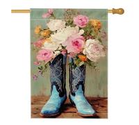Bottes de cowboy florales, drapeau de jardin, arrangement floral pêche et jaune, décoration extérieure, bannière de maison printemps-été, décoration de cour rustique, accessoire de jardin en toile de