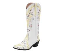 Bottes de cowboy imperméables mi-mollet brodées pour femme - Talons blocs bas confortables et tendance - Bottes rétro cousues pour fête à thème, concert, blanc, 36.5 EU