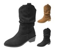 Bottes de cowboy mi-mollet en daim à talon cubain western bout pointu chaussures à enfiler classiques à talon bas épais confortables décontractées chaudes bottes de marche occidentale rétro, Noir