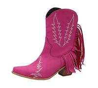 Bottes de cowboy occidentales à franges pour femme - Couleur unie - Chaussures à talons épais - Chaussures médiévales pour femme, Rose, 41 EU