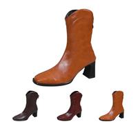 Bottes de cowboy occidentales pour femme avec col en V, bottes de cowgirl mi-mollet avec fermeture éclair, tête carrée, talon épais, confortable, tendance, à enfiler, en cuir PU, pour les fêtes et les
